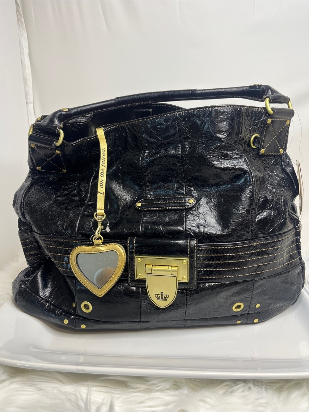 Juicy Couture Black Shoulder Bag with Gold Hardware and Heart Mirror Charm